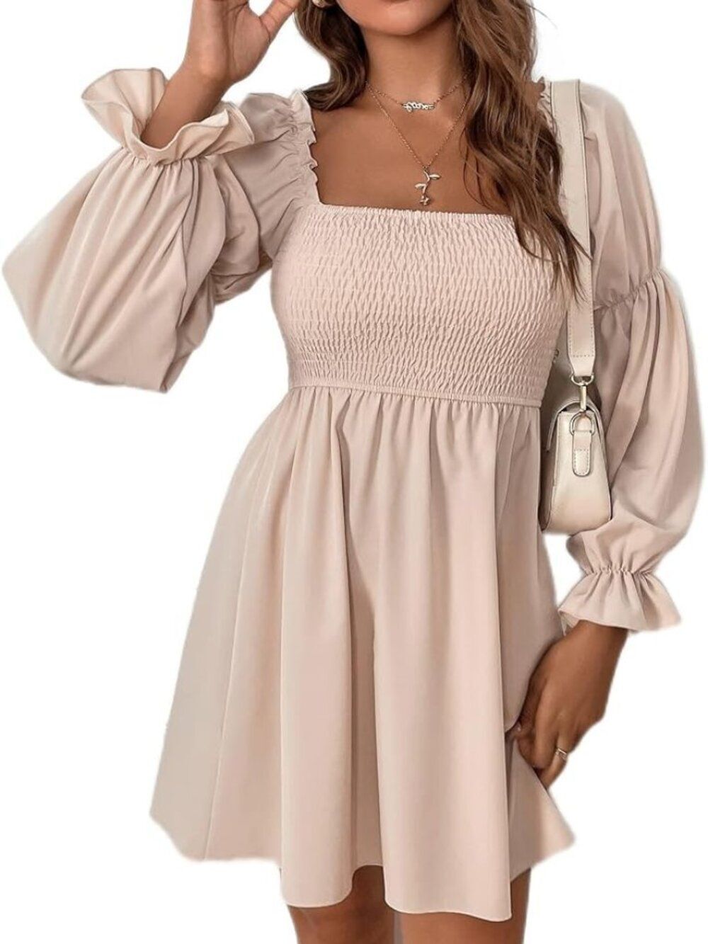 Women's Cream Smocked Square-Neck Dress - Picture 1 of 7